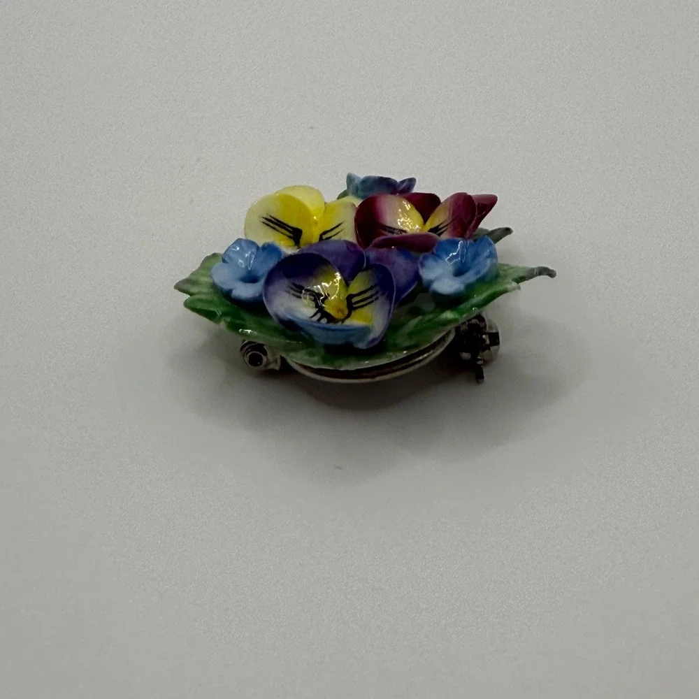 CEJ Handmade Hand Painted Porcelain Pansy Forget Me Not Floral Brooch Pin